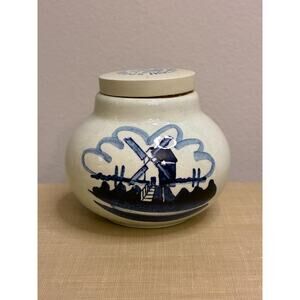 Vintage Blue & White Delft Style Lidded Jar – Windmill Motif